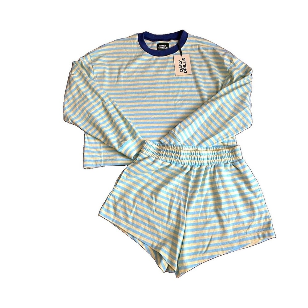 Daily Drills Women’s Malibu + Lemonade Striped Long Sleeve Top & Shorts Set M